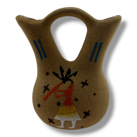 Small Handcrafted Sand Painted Wedding Vase with End of the Trail & Kokopelli Motifs - SunWest Treasures