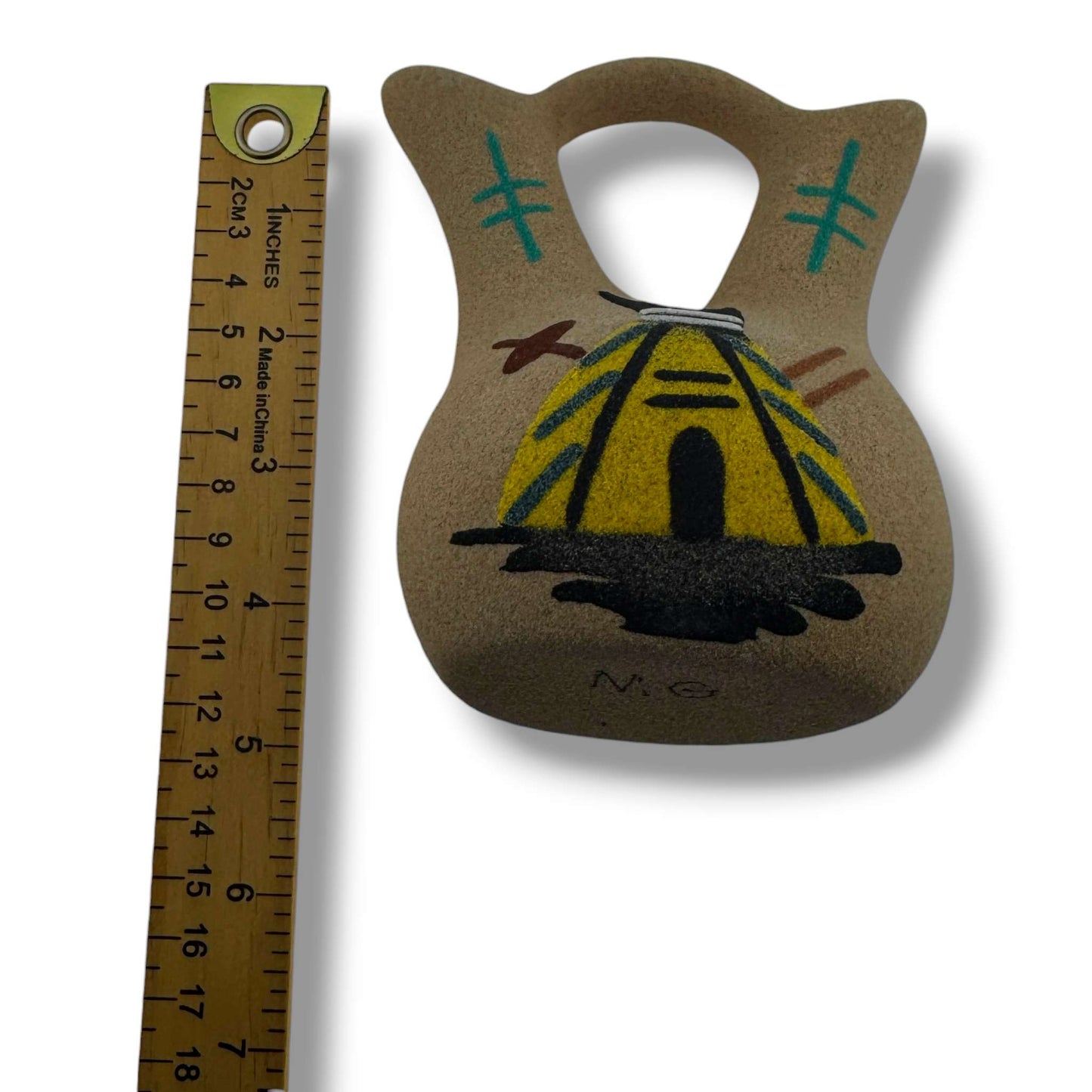 Small Handcrafted Sand Painted Wedding Vase with Teepee & Monument Valley Motifs - SunWest Treasures