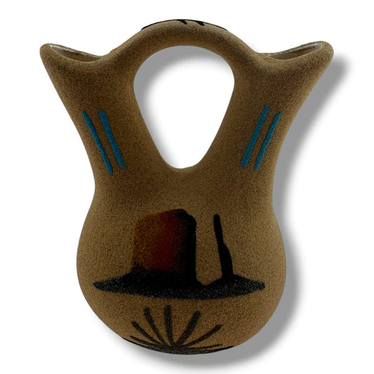 Handcrafted Sand Painted Small Wedding Vase with Blue Turtle & Canyon Motifs - SunWest Treasures