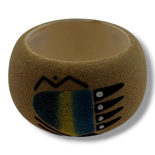 Small Handcrafted Sand Painted Seed Pot with Symmetrical Bear Paw Motifs - SunWest Treasures