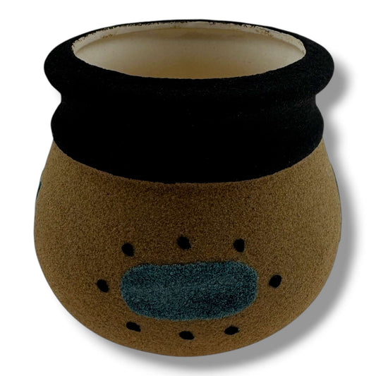 Handcrafted Small Sand Painted Seed Pot with Bear & Geometric Shield Motifs - SunWest Treasures
