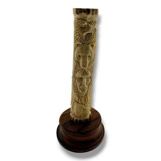 Hand Carved Chief & Wildlife Totem Figurine on Wood Base | Artisan Sculpture - SunWest Treasures