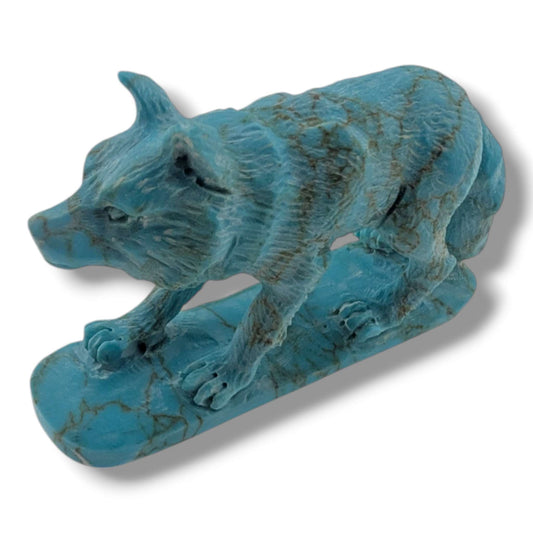 Handcrafted Block Turquoise Wolf Table Carving