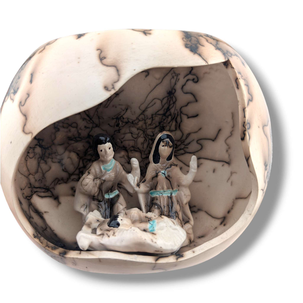 Horsehair Pottery Nativity Grotto Sculpture, Handcrafted by Luna
