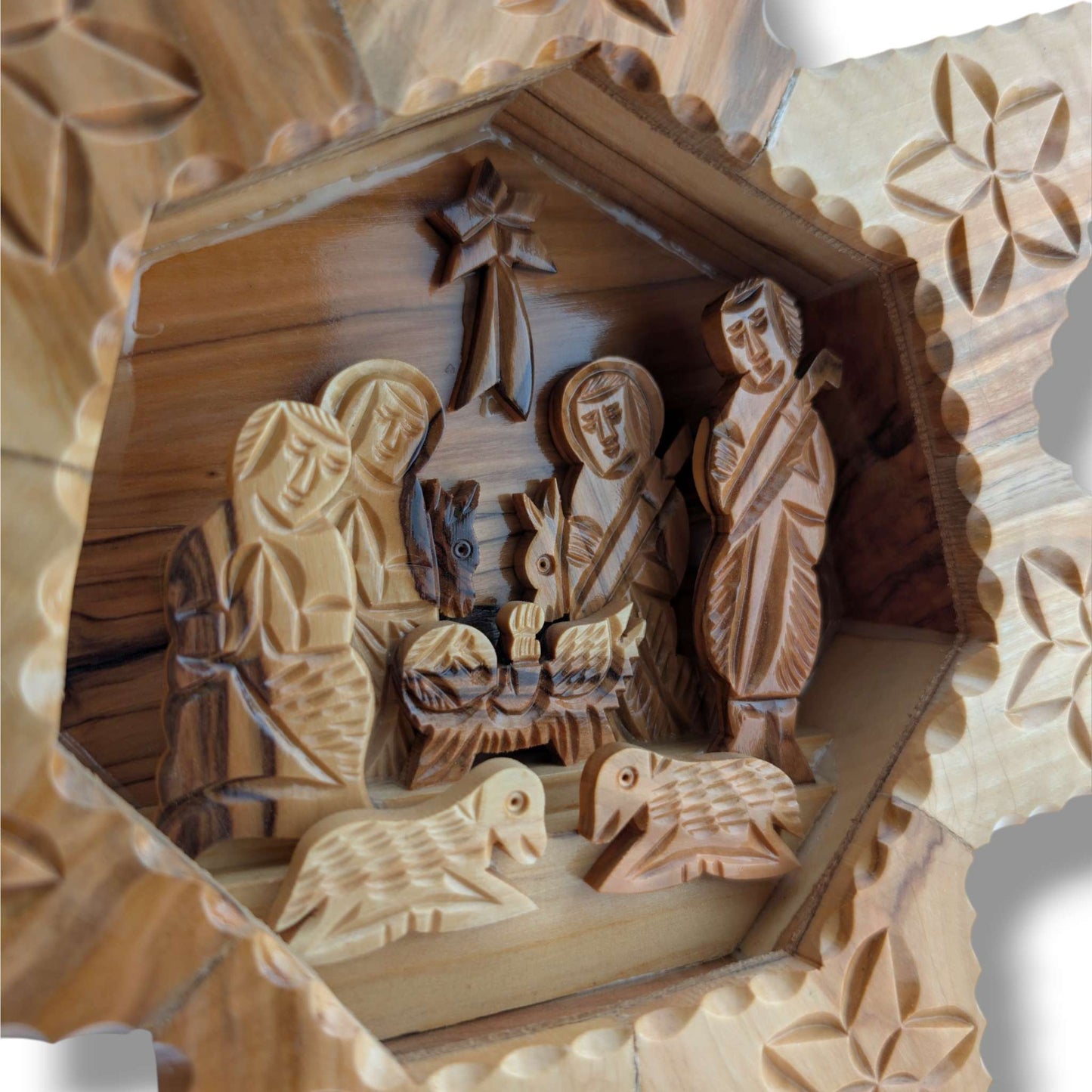Hand-Carved Olive Wood Eight-Pointed Star Nativity Scene by Salim
