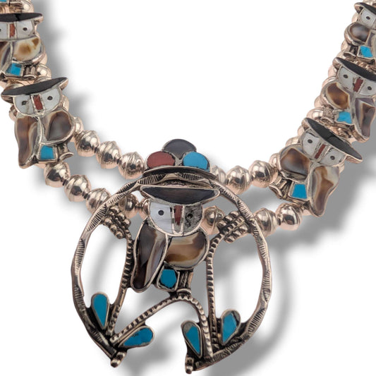Vintage Zuni Pitkin Natewa Inlay Owl Squash Blossom Necklace and Earring Set