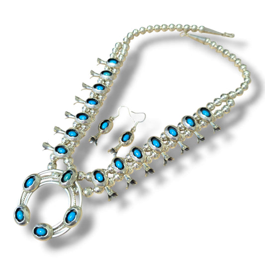 Navajo Sterling Silver Turquoise Squash Blossom Necklace and Earring Set