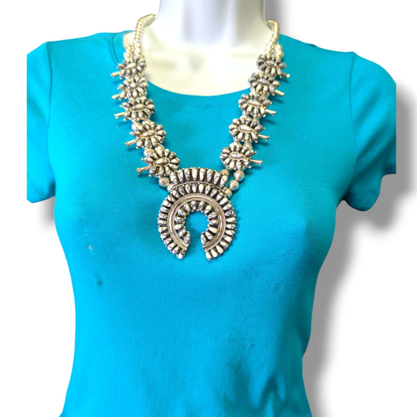 Navajo Sterling Silver White Buffalo Stone Squash Blossom Necklace and Earring Set
