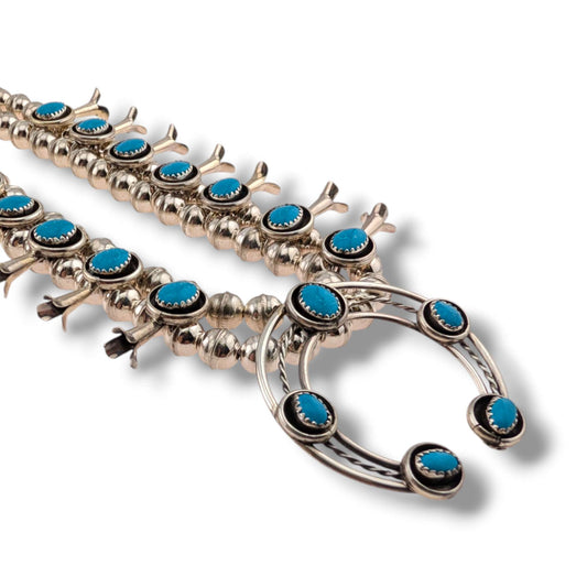 Navajo Sterling Silver Turquoise Squash Blossom Necklace and Earring Set by Phil Garcia