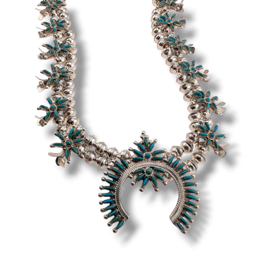 Zuni Sterling Silver Needlepoint Turquoise Squash Blossom Necklace and Earring Set