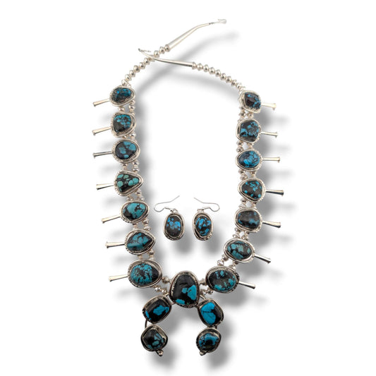 Navajo Sterling Silver Nugget Turquoise Squash Blossom Necklace and Earring Set