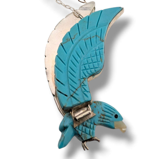 Navajo Ben Livingston Sterling Silver Soaring Eagle Turquoise and Mother of Pearl Inlay Necklace