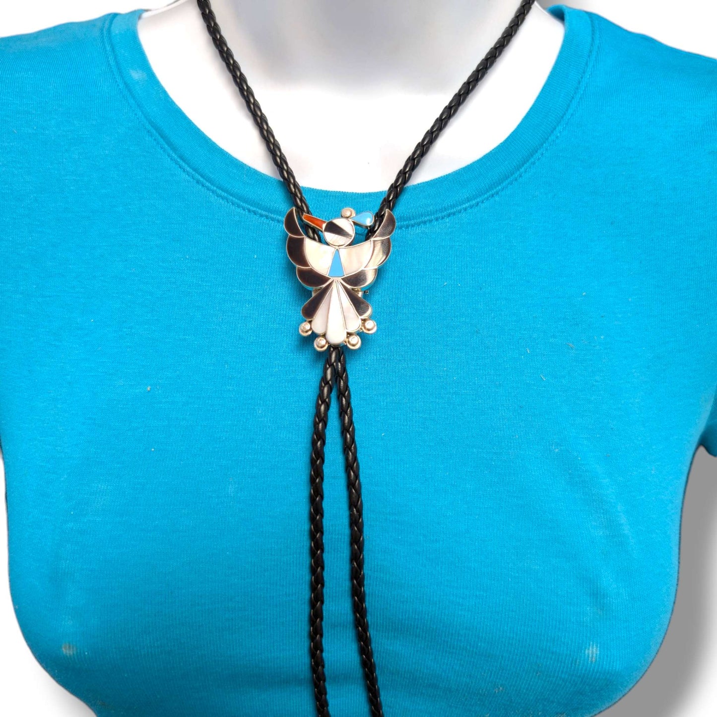 Zuni Leander and Lisa Moore Sterling Silver Thunderbird Inlay Bolo Tie
