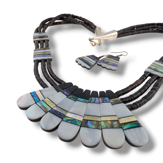 Indonesian Mother of Pearl & Abalone Inlay Fan Necklace and Earring Set