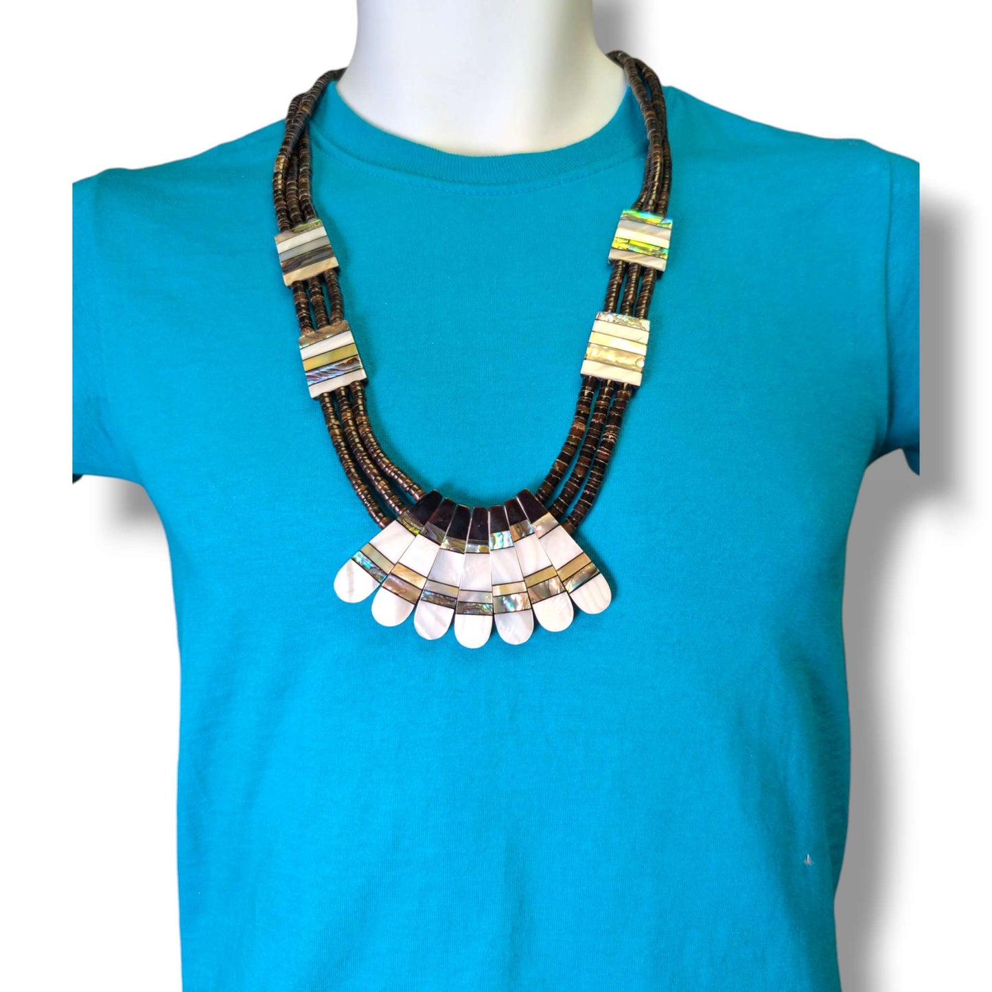 Indonesian Mother of Pearl & Abalone Inlay Fan Necklace and Earring Set