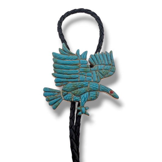 Zuni Eldred Bowekaty Sterling Silver Peyote Bird Mosaic Inlay Bolo Tie - SunWest Treasures
