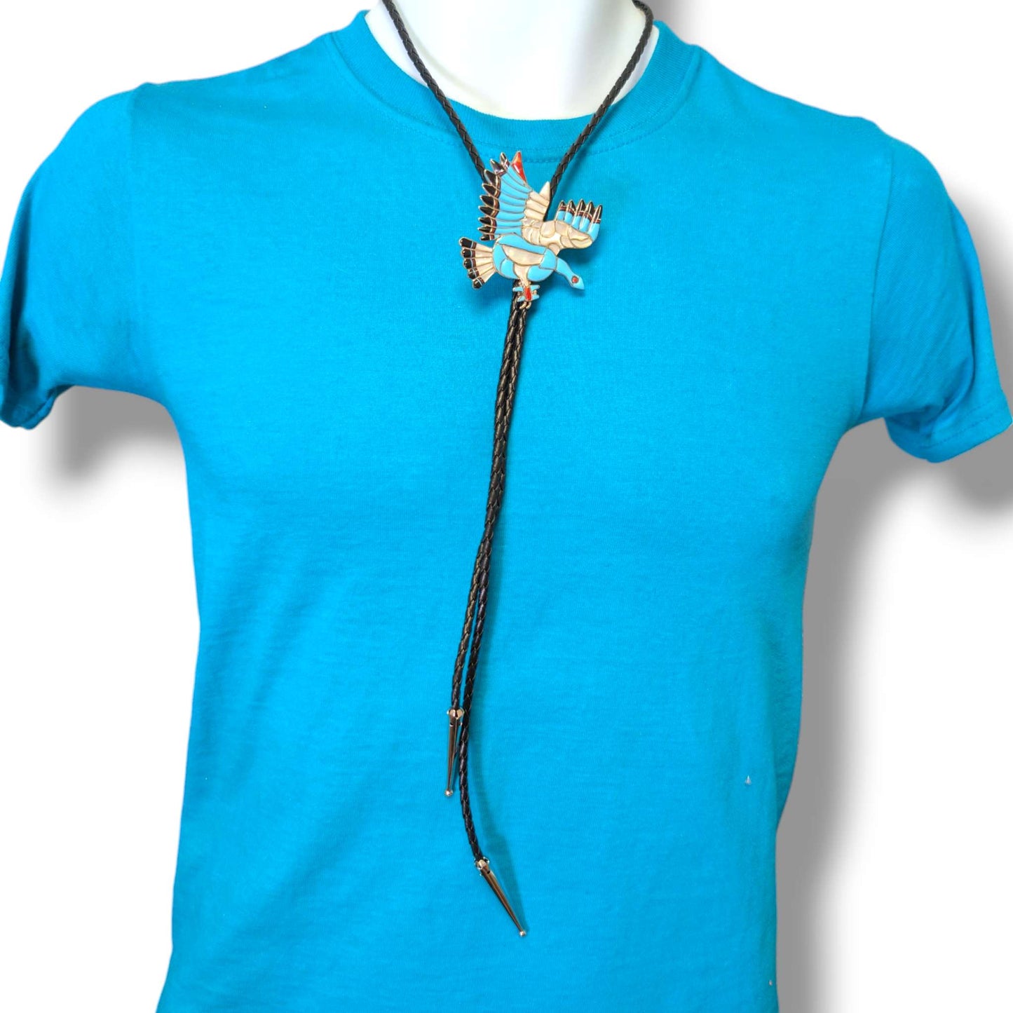 Zuni Eldred Bowekaty Sterling Silver Peyote Bird Mosaic Inlay Bolo Tie