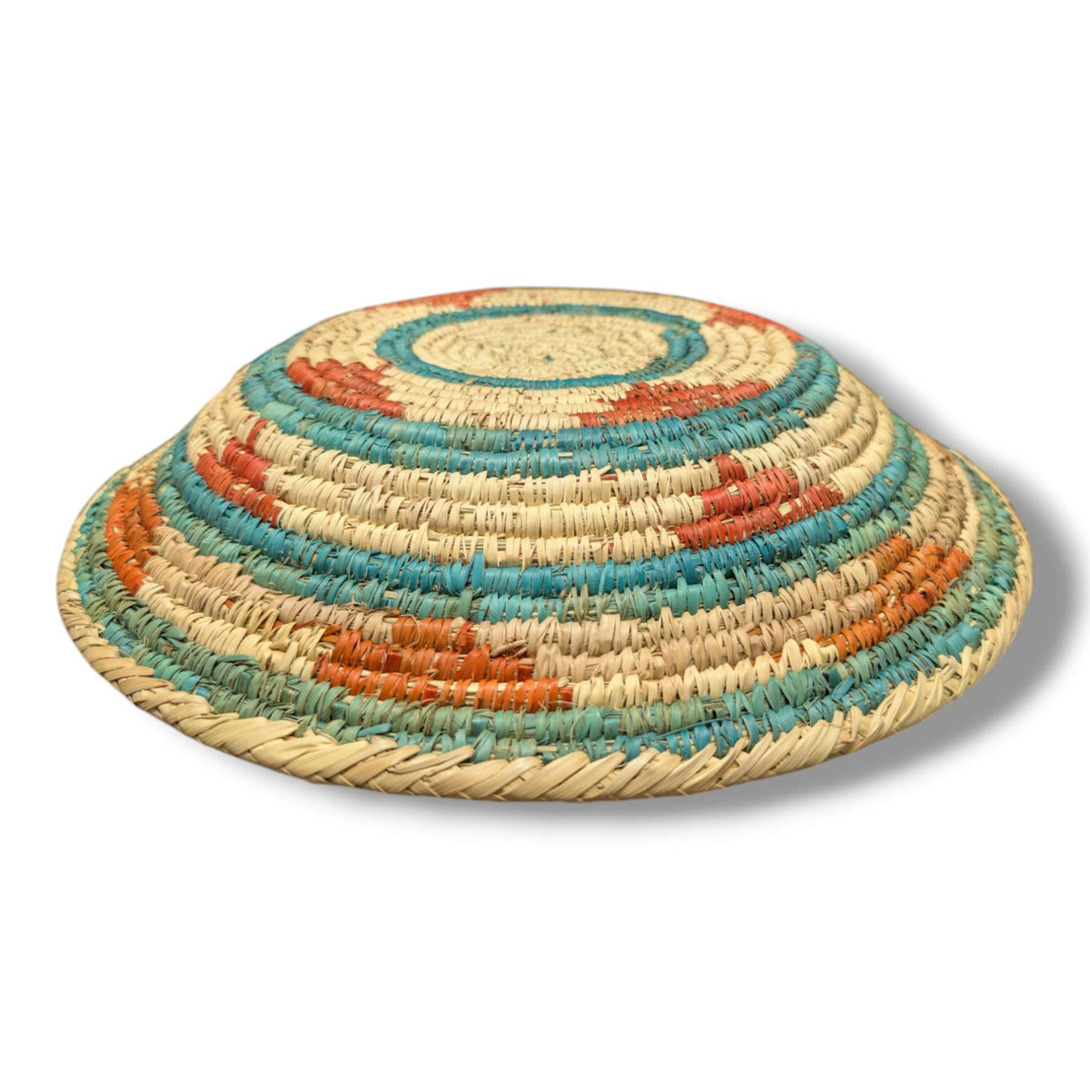 Handwoven Pakistani Coil Basket Turquoise and Terracotta Concentric Circles
