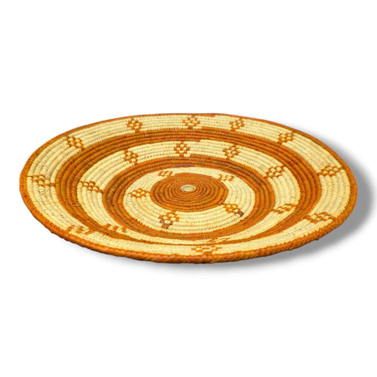 Handwoven Pakistani Coil Basket Amber and Natural Straw Intersecting Lines Motif - SunWest Treasures