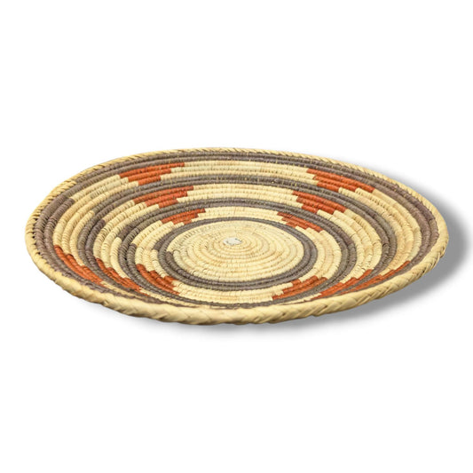 Handwoven Pakistani Coil Basket Natural Straw Taupe and Terracotta Spiral