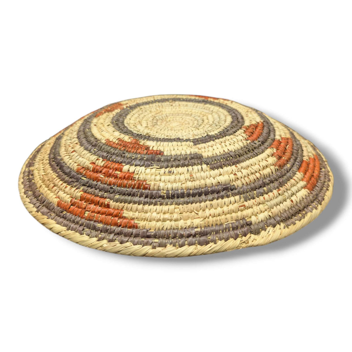 Handwoven Pakistani Coil Basket Natural Straw Taupe and Terracotta Spiral