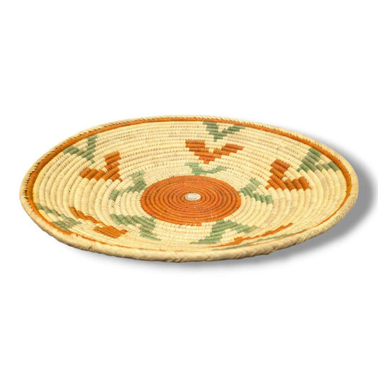 Handwoven Pakistani Coil Basket Terracotta and Sage Green Boomerang Pinwheel
