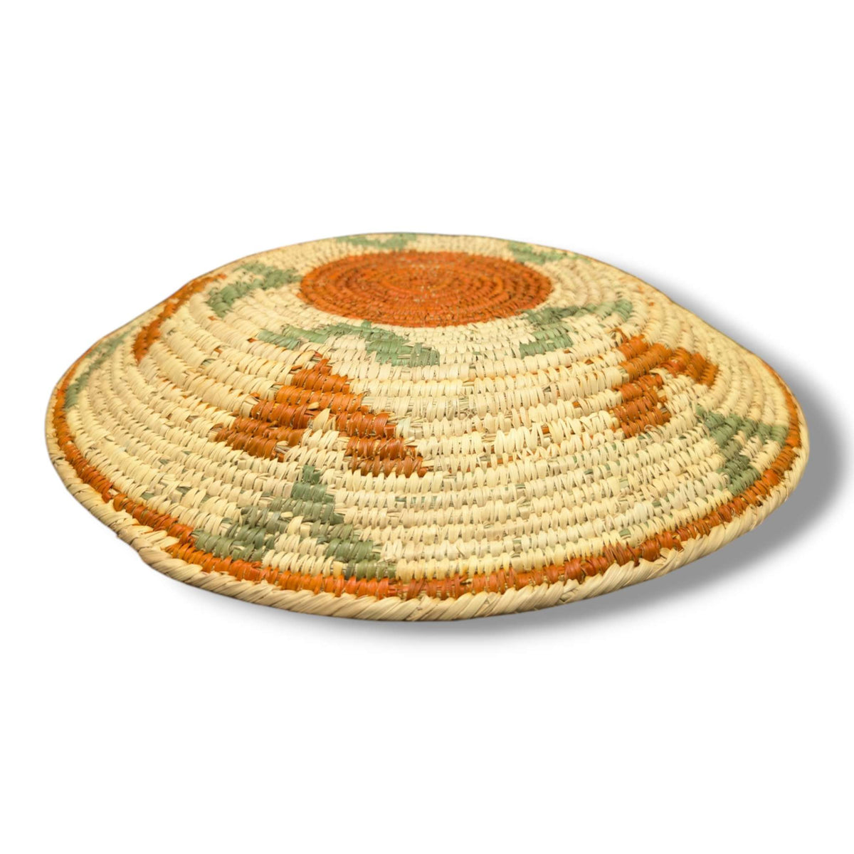 Handwoven Pakistani Coil Basket Terracotta and Sage Green Boomerang Pinwheel