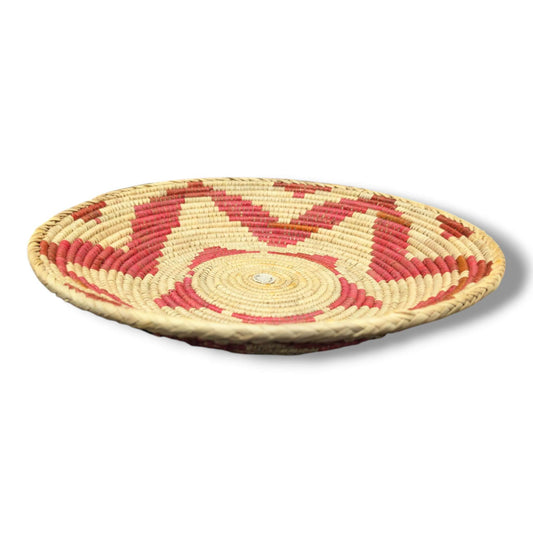 Handwoven Pakistani Coil Basket Rose Red and Natural Chevron Pinwheel