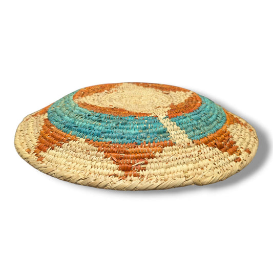 Handwoven Pakistani Coil Basket Turquoise and Terracotta Natural Straw Swirl