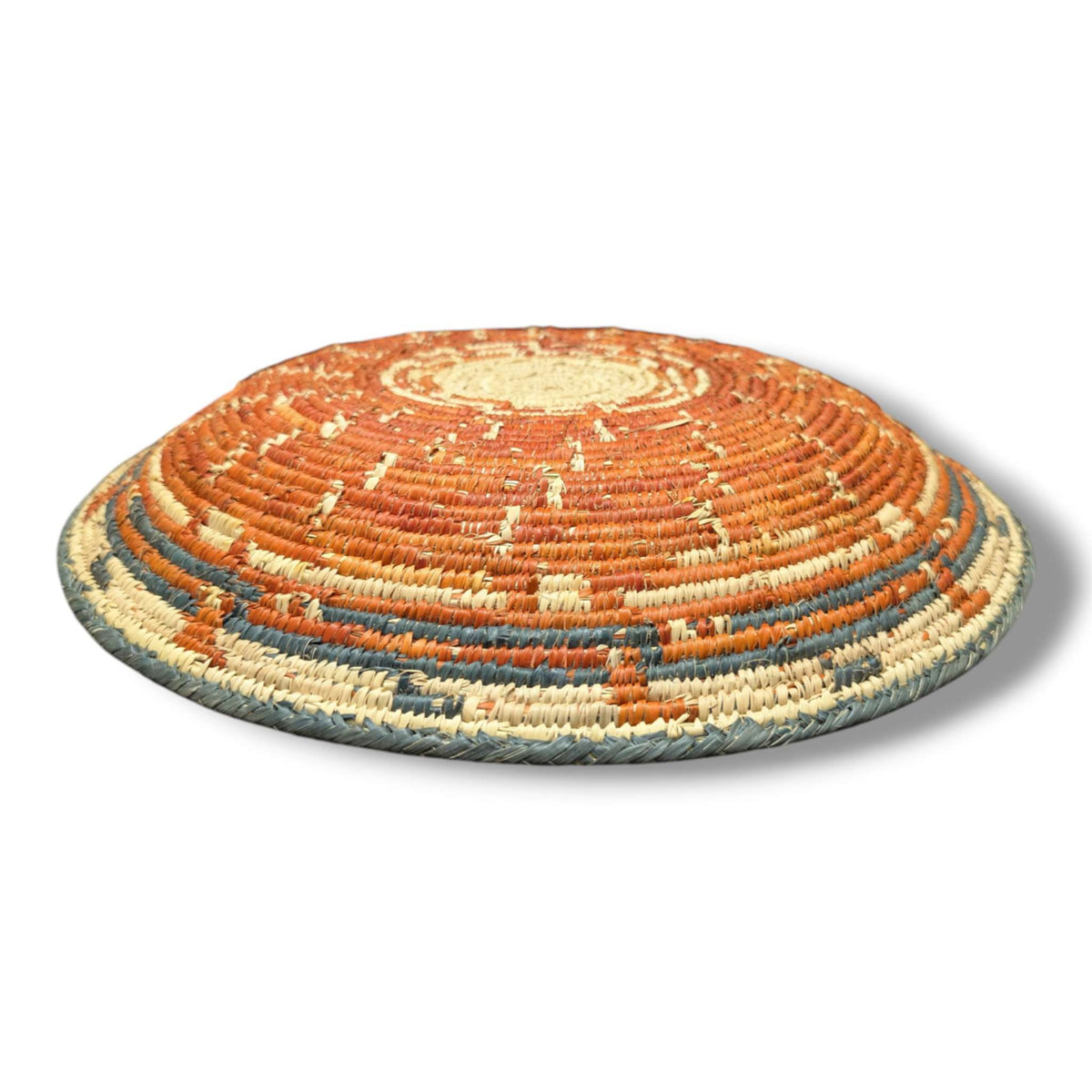 Handwoven Pakistani Coil Basket Burnt Orange Slate Blue and Natural Sun Ray Medallion - SunWest Treasures