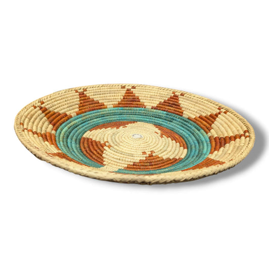Handwoven Pakistani Coil Basket Turquoise Ring and Rust Arrow Sunburst on Natural - SunWest Treasures
