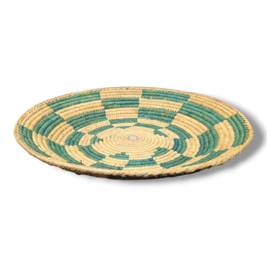 Handwoven Pakistani Coil Basket Teal Green and Natural Straw Bold Pinwheel
