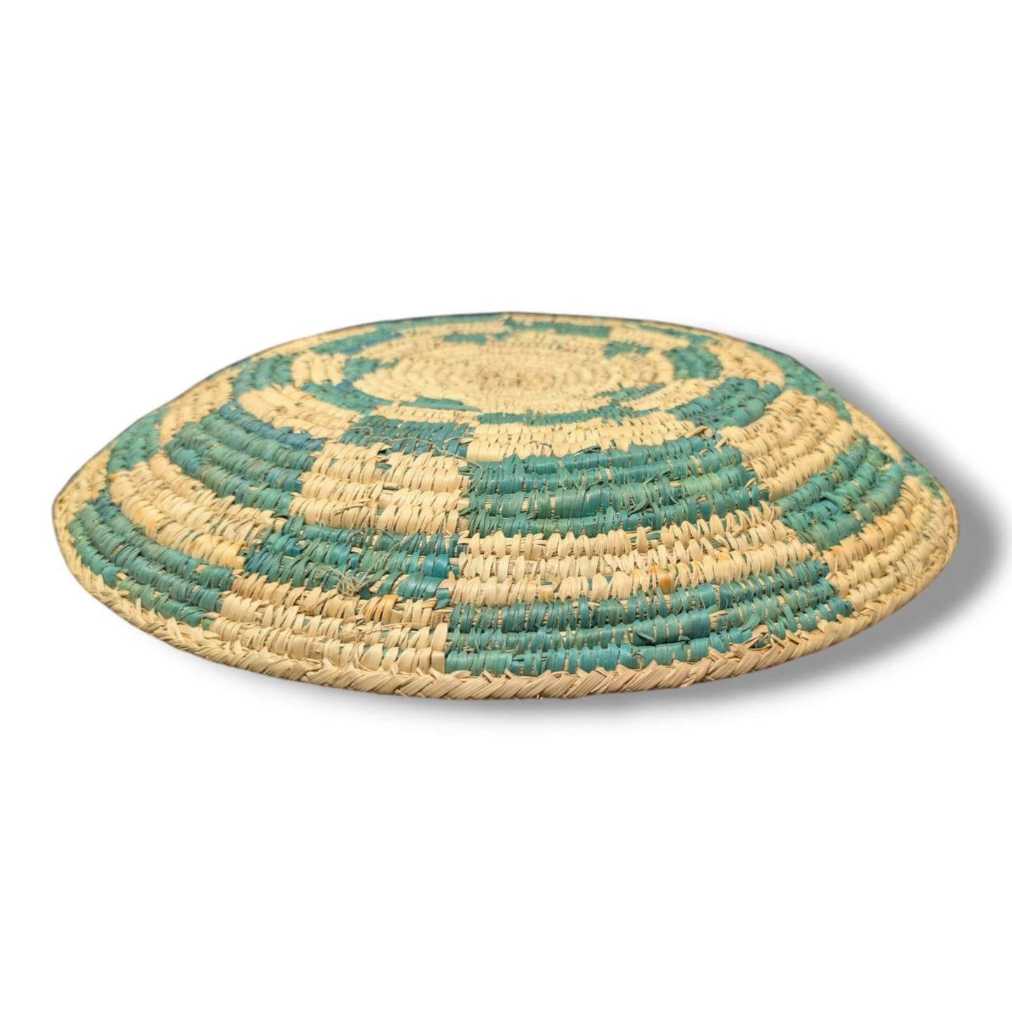 Handwoven Pakistani Coil Basket Teal Green and Natural Straw Bold Pinwheel