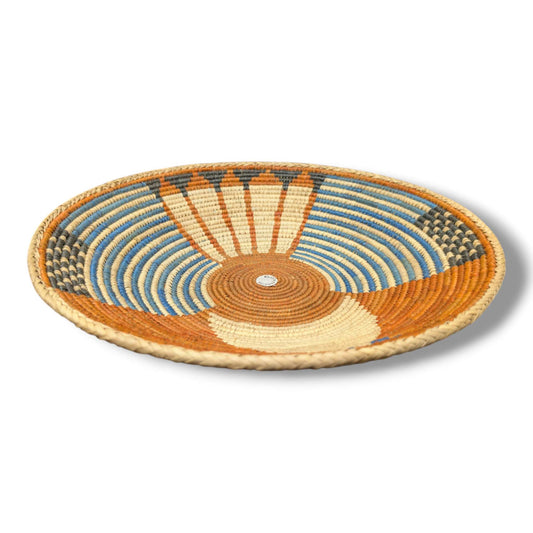 Handwoven Pakistani Coil Basket Burnt Orange Sky Blue and Charcoal Four-Zone Sunray