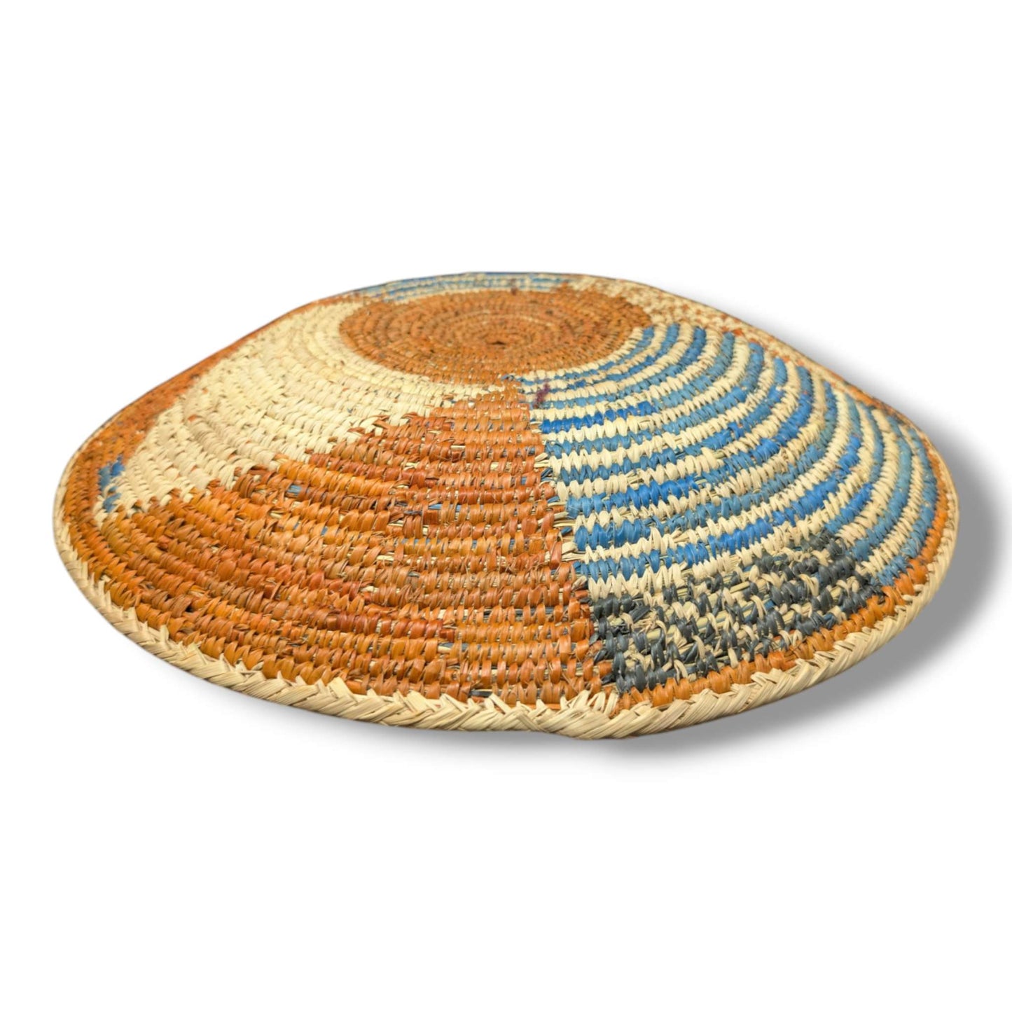 Handwoven Pakistani Coil Basket Burnt Orange Sky Blue and Charcoal Four-Zone Sunray
