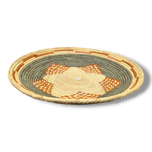 Handwoven Pakistani Coil Basket Slate Gray Rust and Coral Swirl Dash on Natural - SunWest Treasures