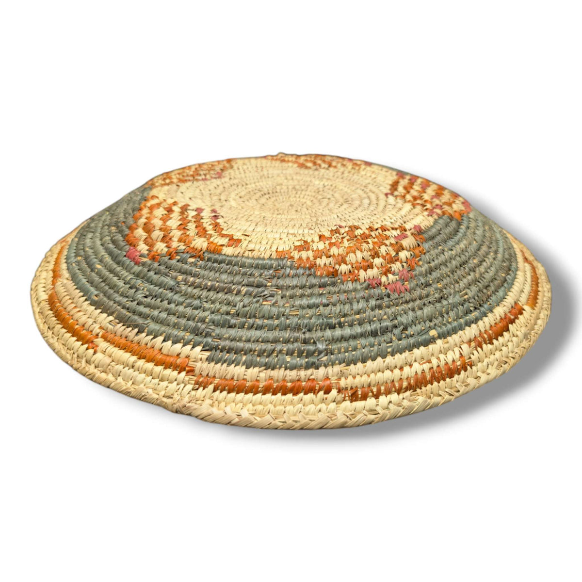 Handwoven Pakistani Coil Basket Slate Gray Rust and Coral Swirl Dash on Natural - SunWest Treasures