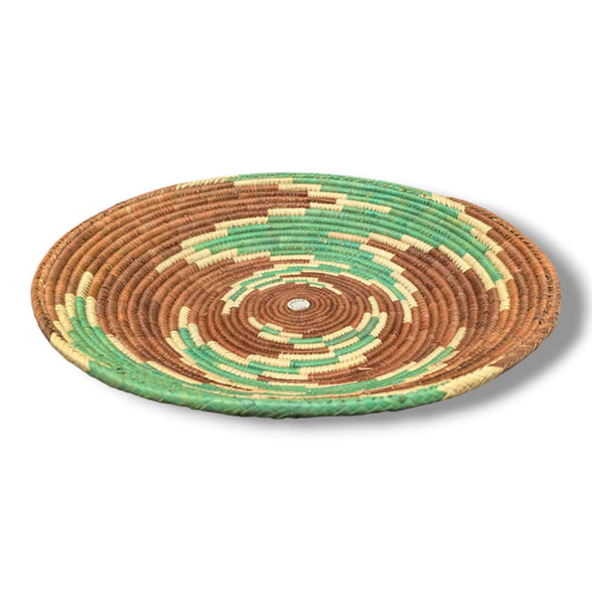 Handwoven Pakistani Coil Basket Chestnut Brown Kelly Green and Natural Deep Spiral
