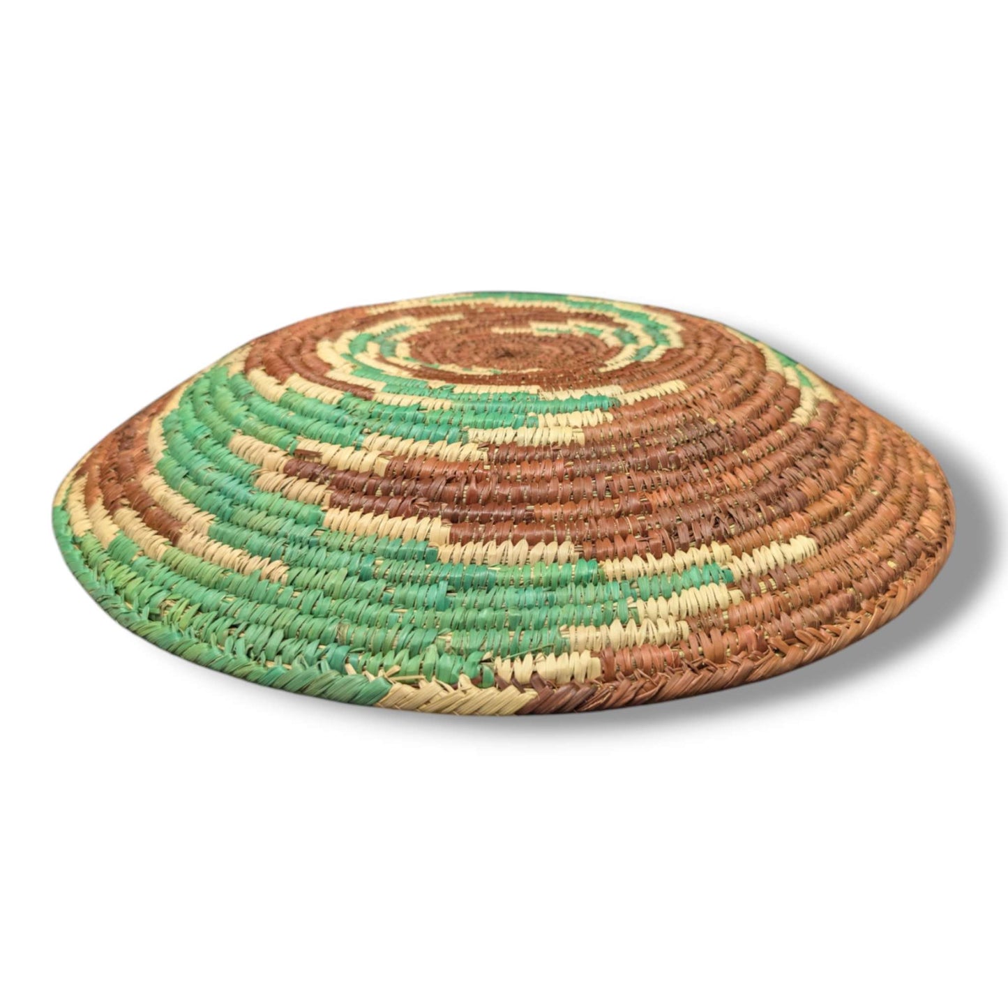 Handwoven Pakistani Coil Basket Chestnut Brown Kelly Green and Natural Deep Spiral