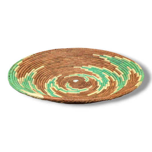 Handwoven Pakistani Coil Basket Chestnut Brown Kelly Green and Natural Spiral Dash - SunWest Treasures