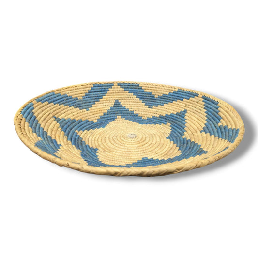Handwoven Pakistani Coil Basket Cornflower Blue and Natural Straw Three - Arm Pinwheel - SunWest Treasures