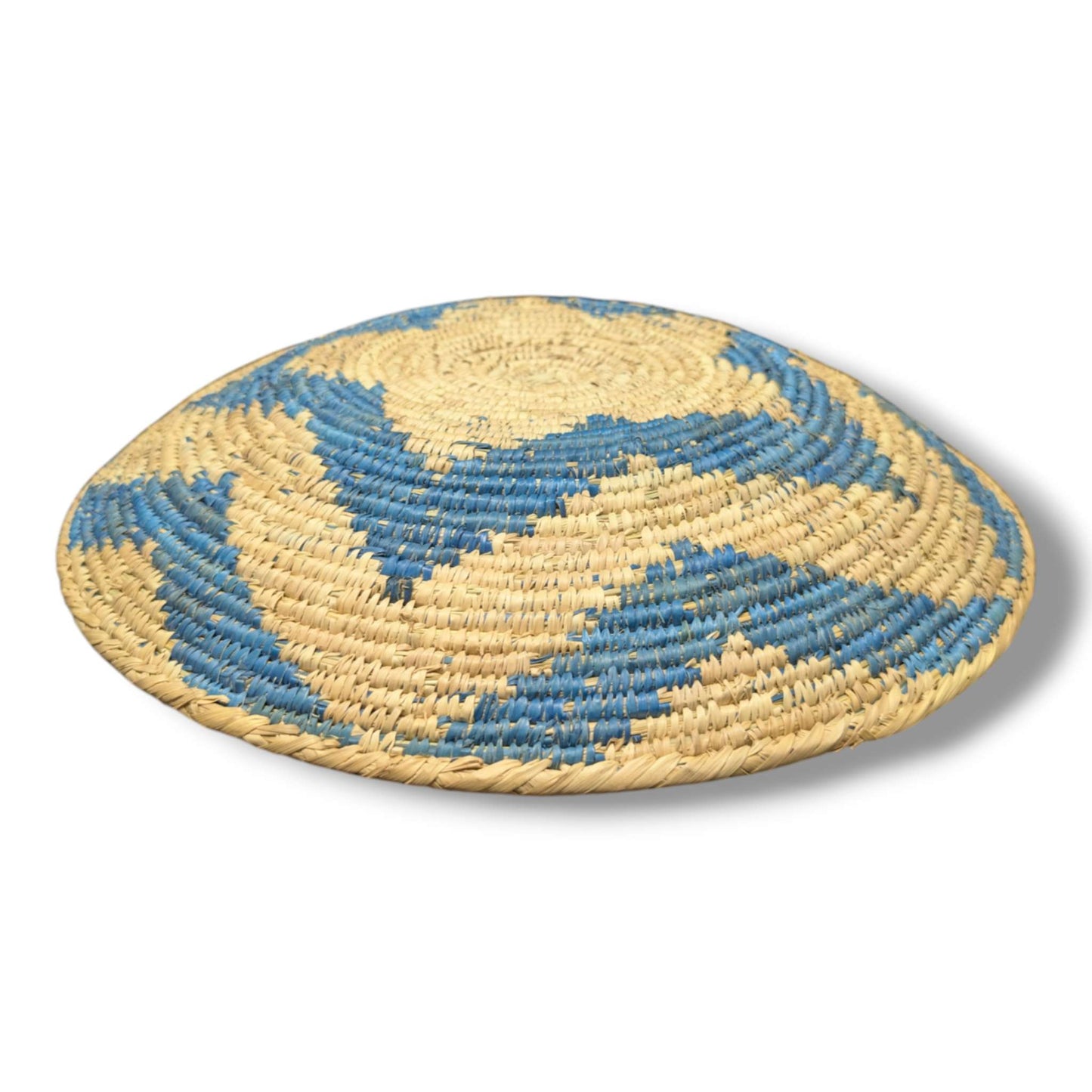 Handwoven Pakistani Coil Basket Cornflower Blue and Natural Straw Three - Arm Pinwheel - SunWest Treasures