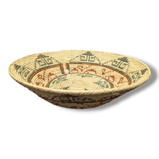 Handwoven Pakistani Coil Basket Sage Green Rust and Turquoise Greek Key Maze - SunWest Treasures
