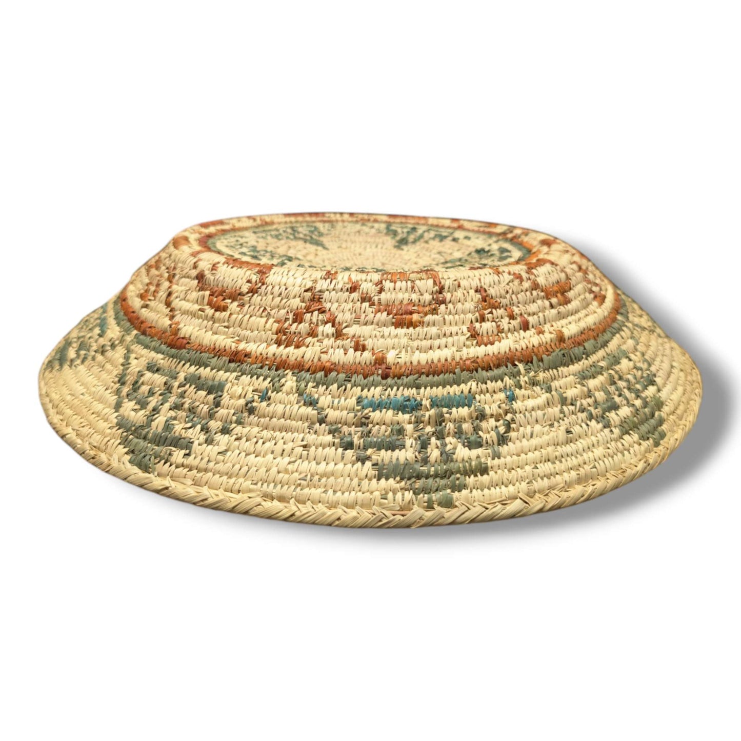 Handwoven Pakistani Coil Basket Sage Green Rust and Turquoise Greek Key Maze - SunWest Treasures
