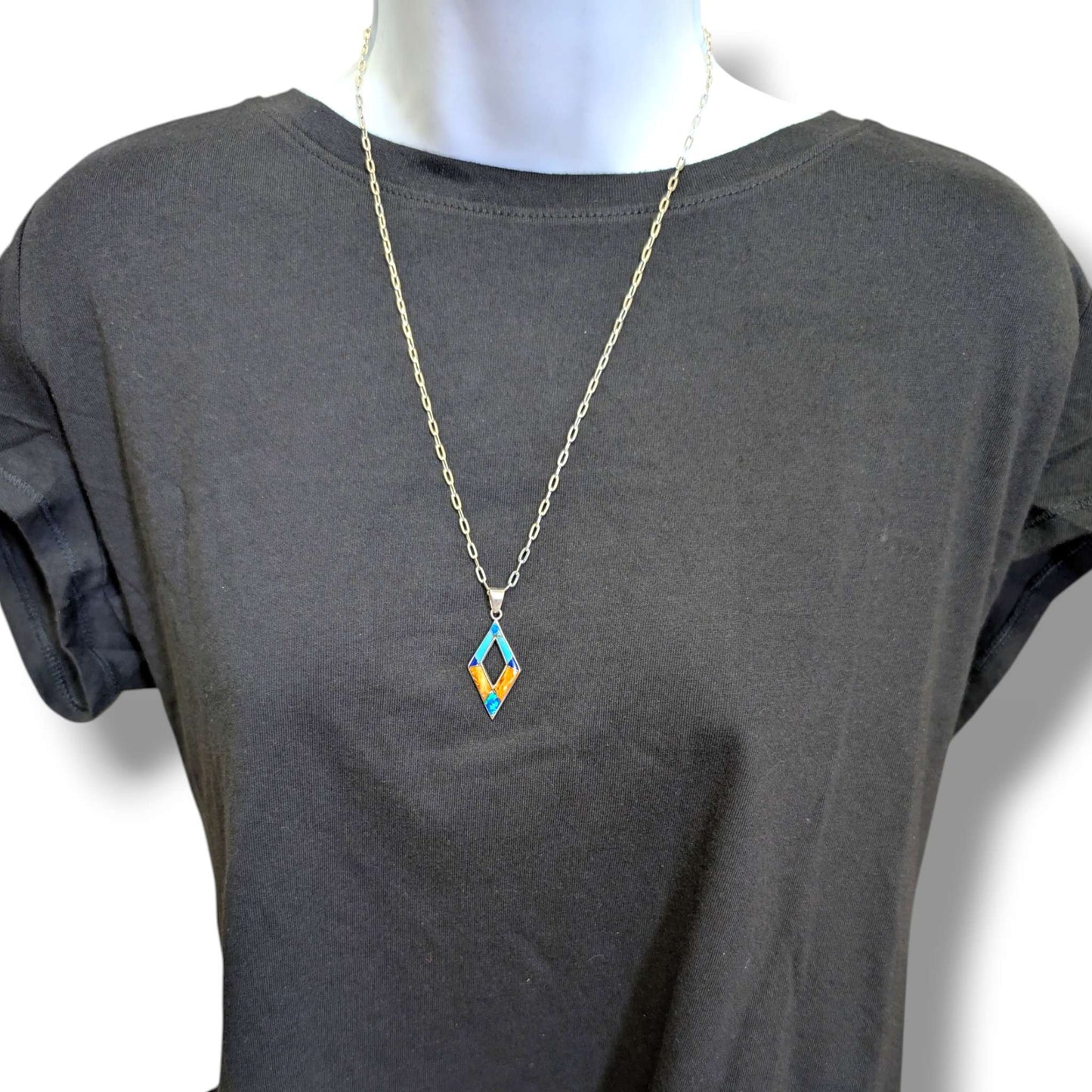 Sterling Silver Multi - Stone Inlay Open Diamond Pendant Turquoise Opal Spiny Oyster Lapis - SunWest Treasures