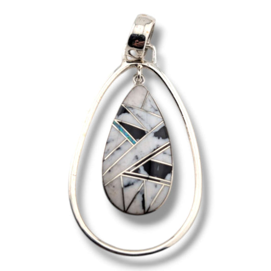 Sterling Silver Inlay Opal Hollow Teardrop Pendant - SunWest Treasures