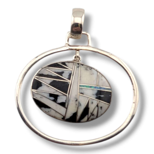 Sterling Silver Geometric Inlay Opal Oval Hoop Pendant - SunWest Treasures