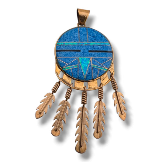 Bronze Inlay Opal Sunface Pendant with Feathers by OP - SunWest Treasures