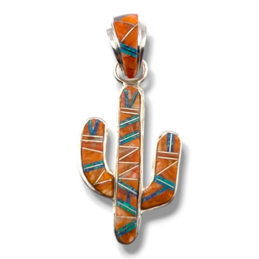 Sterling Silver Inlay Opal Saguaro Cactus Pendant - SunWest Treasures