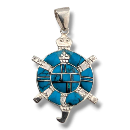 Sterling Silver Inlay Round Turtle Pendant - SunWest Treasures